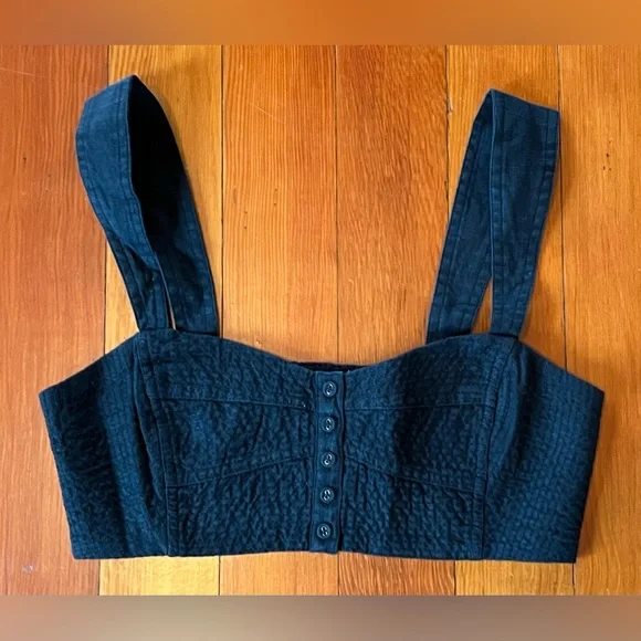 NWT Madewell Black Button-Front Crop Top 100% Linen Sweetheart Bralette - 6 - Picture 6 of 9